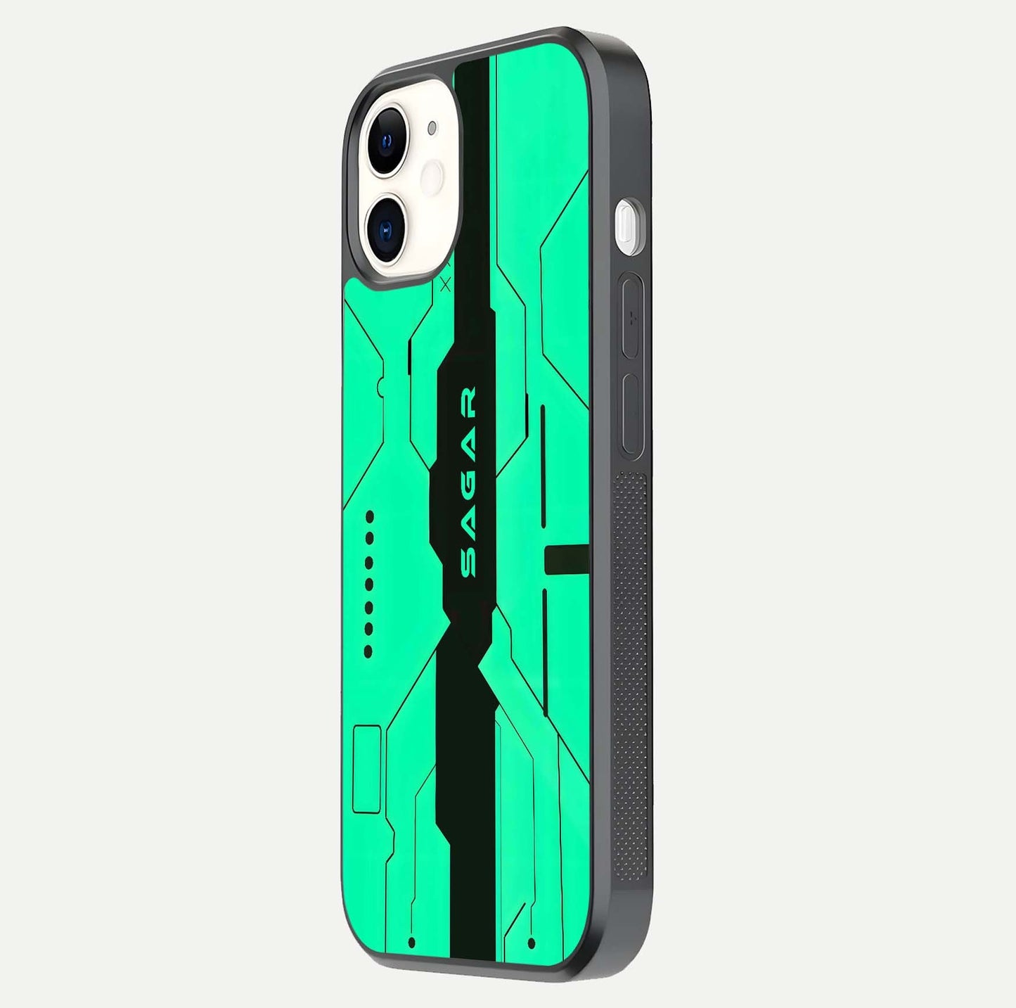 Aqua Tech CYBERPUNK Custom Name Glass Case for iPhone 12 Mini side-angle image with glowing edges and glossy surface
