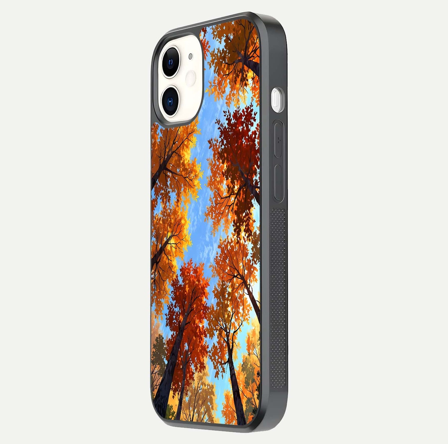 Autumn Sky Rise Glass Case for iPhone 12 Mini side-angle showing autumn art tones and protective corners