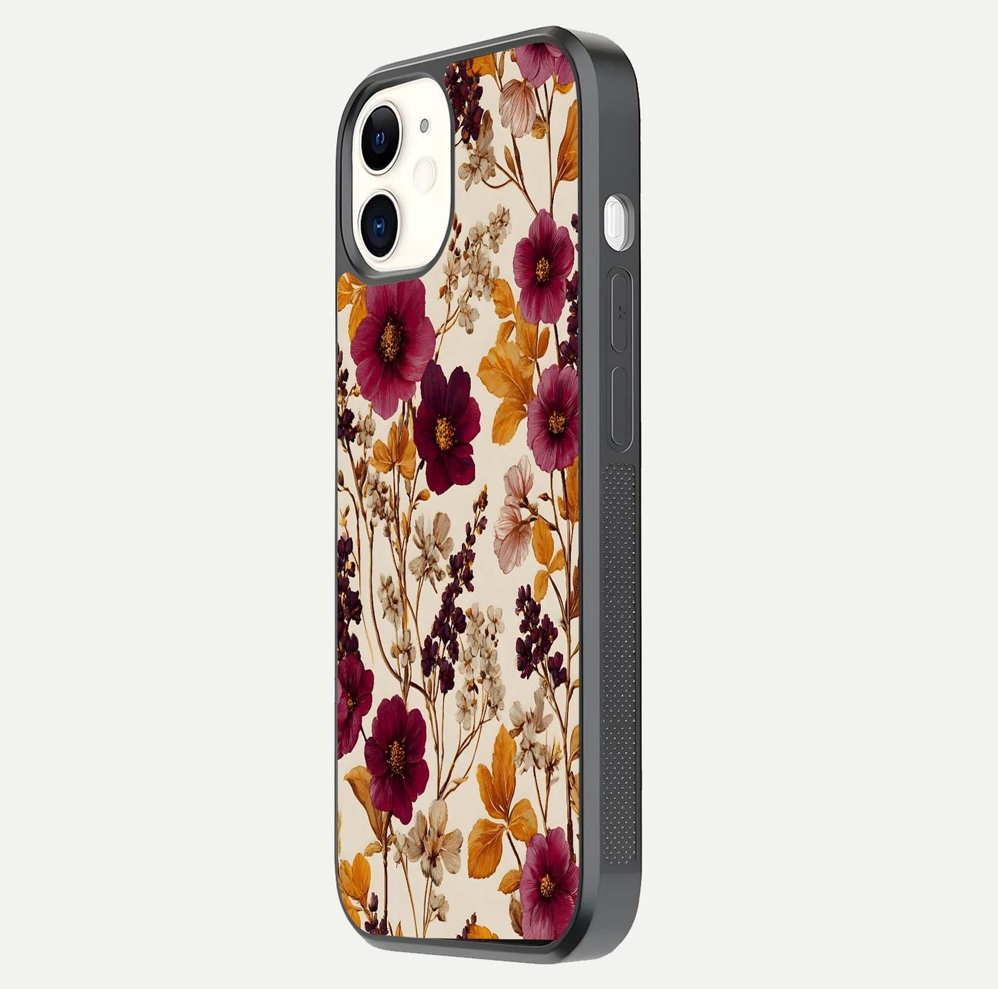Autumn Wine Bloom Glass Case for iPhone 12 Mini side-angle showcasing floral design, texture gloss, and camera frame