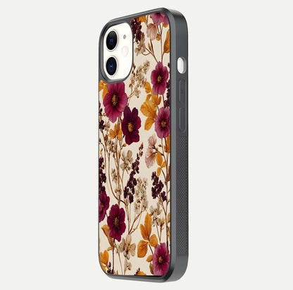 Autumn Wine Bloom Glass Case for iPhone 12 Mini side-angle showcasing floral design, texture gloss, and camera frame