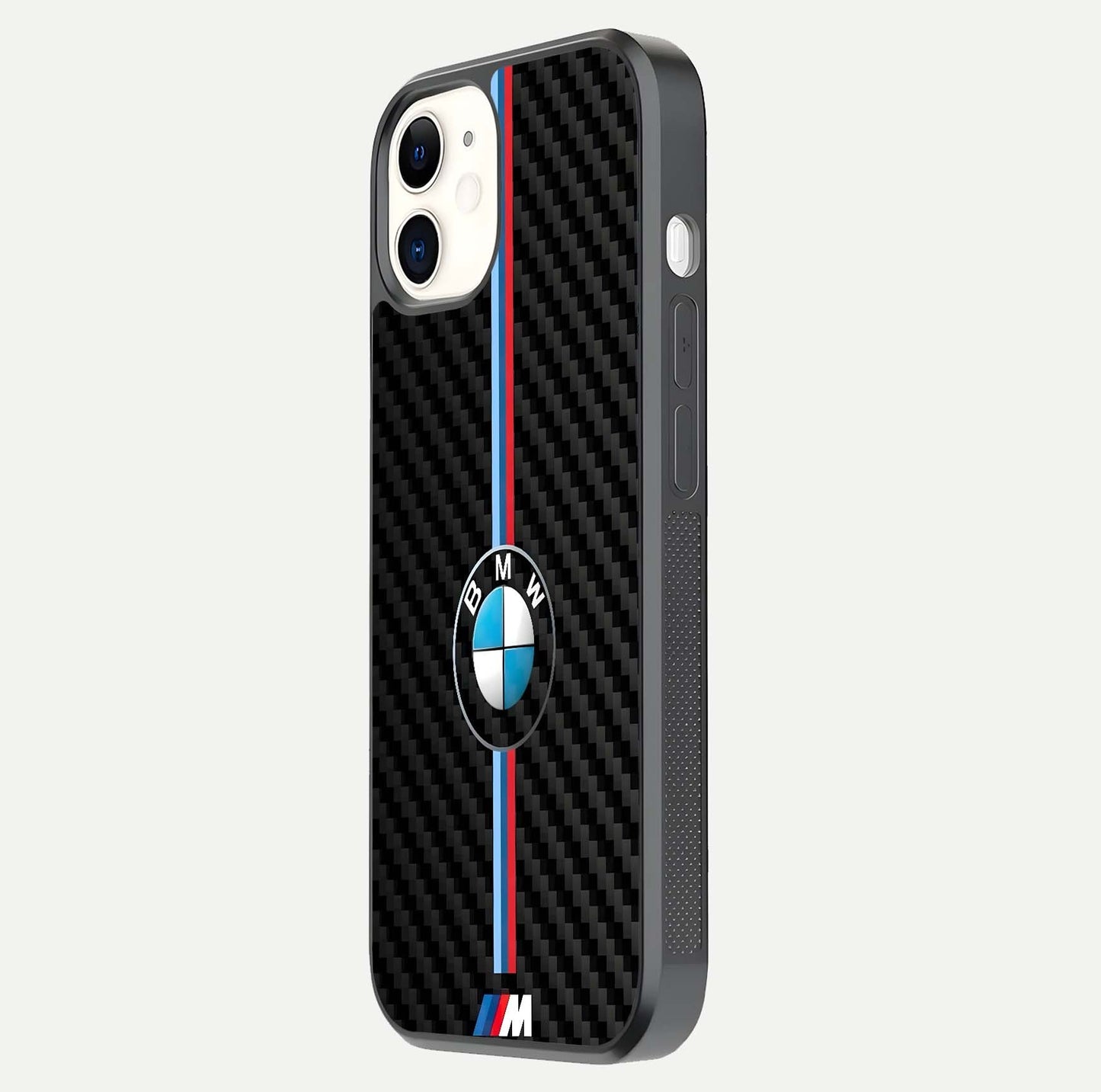 BMW Pattern Glass Case for iPhone 12 Mini side-angle image showing edge finish and luxury car-inspired shine