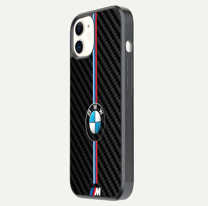 BMW Pattern Glass Case for iPhone 12 Mini side-angle image showing edge finish and luxury car-inspired shine