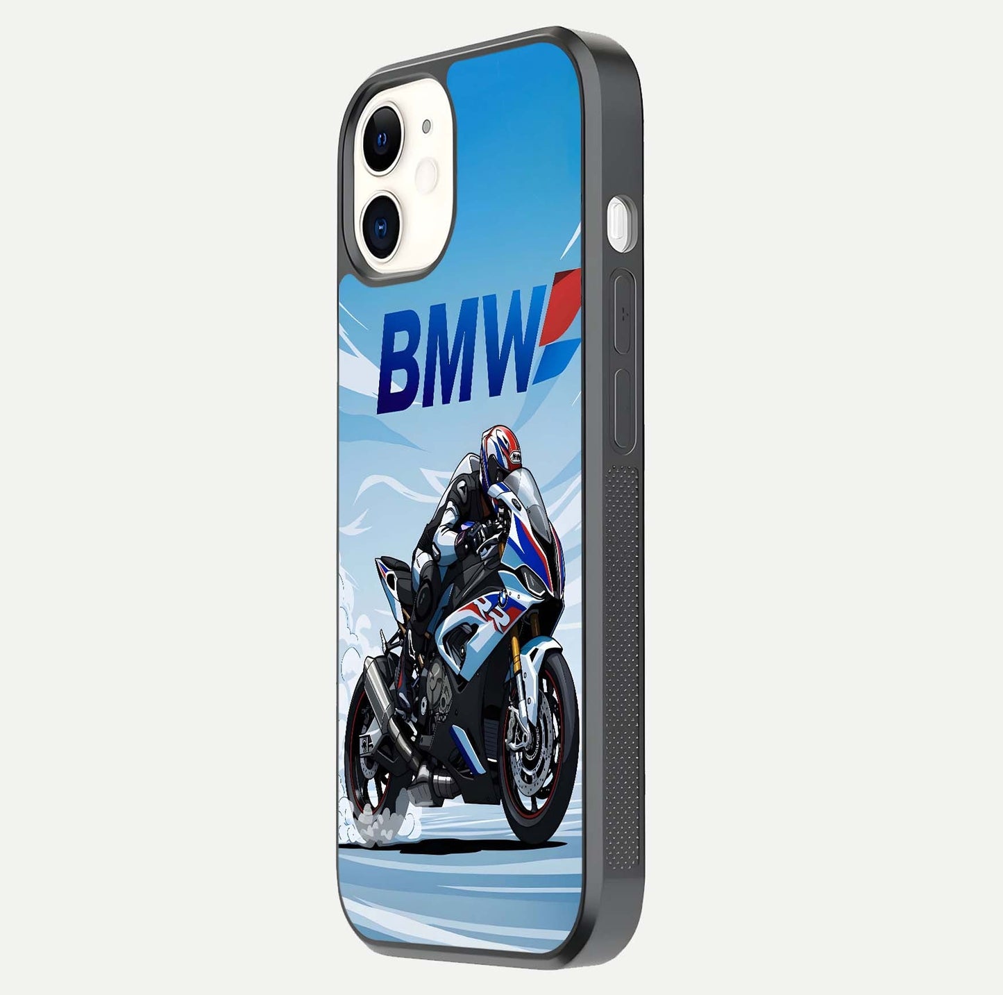 BMW Power Drift Glass Case for iPhone 12 Mini side-angle image emphasizing smooth finish and detailed design