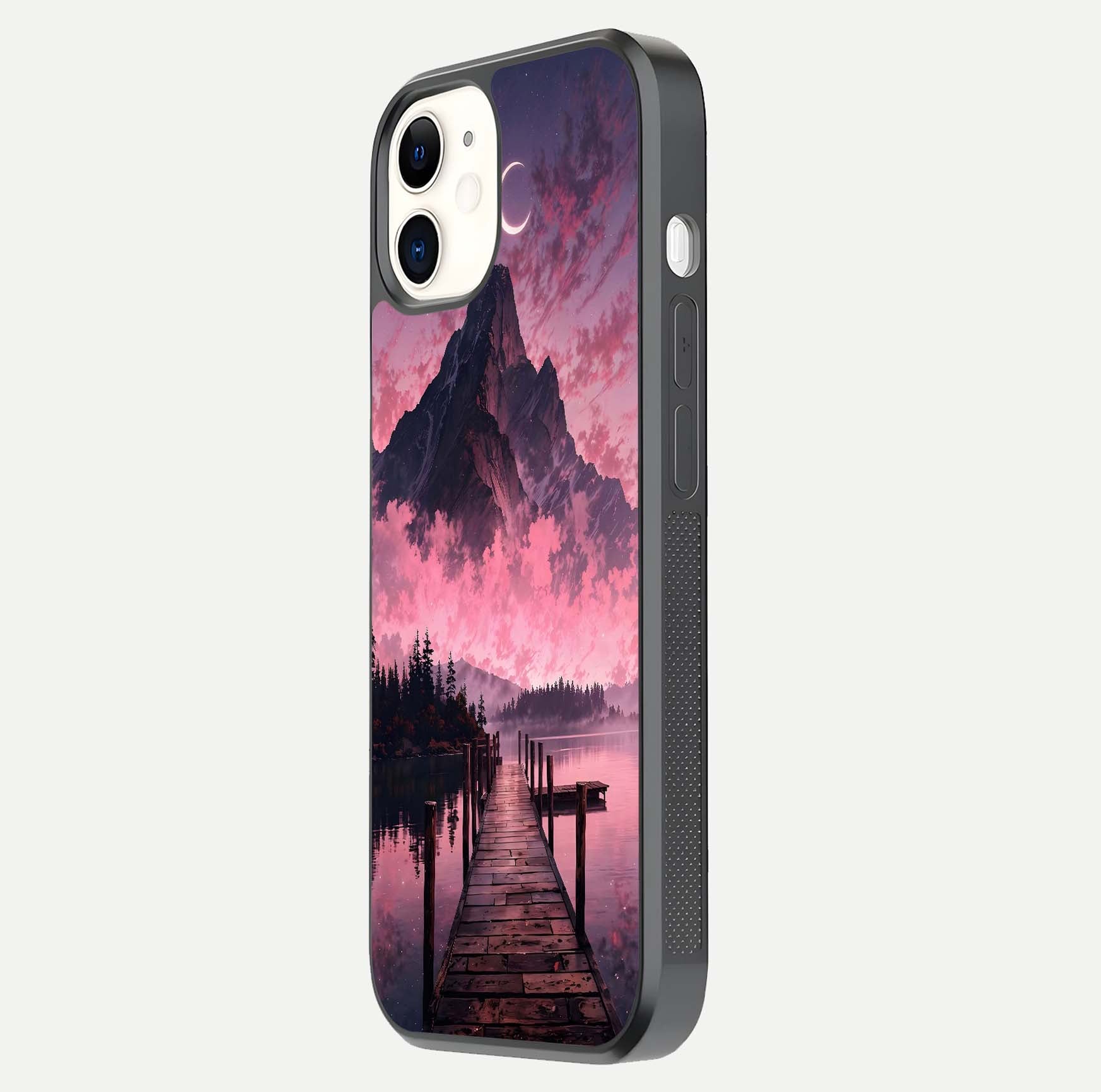 Beautyful Mountain View Glass Case for iPhone 12 Mini side-angle image displaying mountain artwork and gloss surface