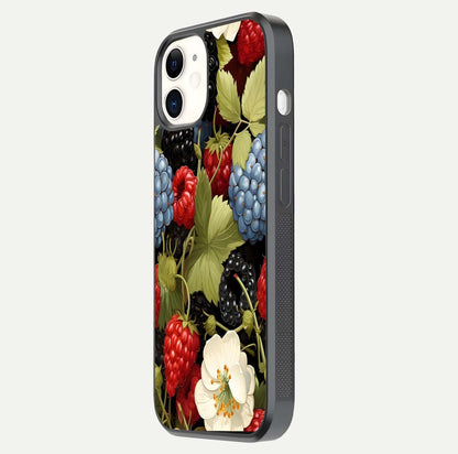 Berry Bloom Charm Glass Case for iPhone 12 Mini side-angle image showing floral texture and high-definition print gloss