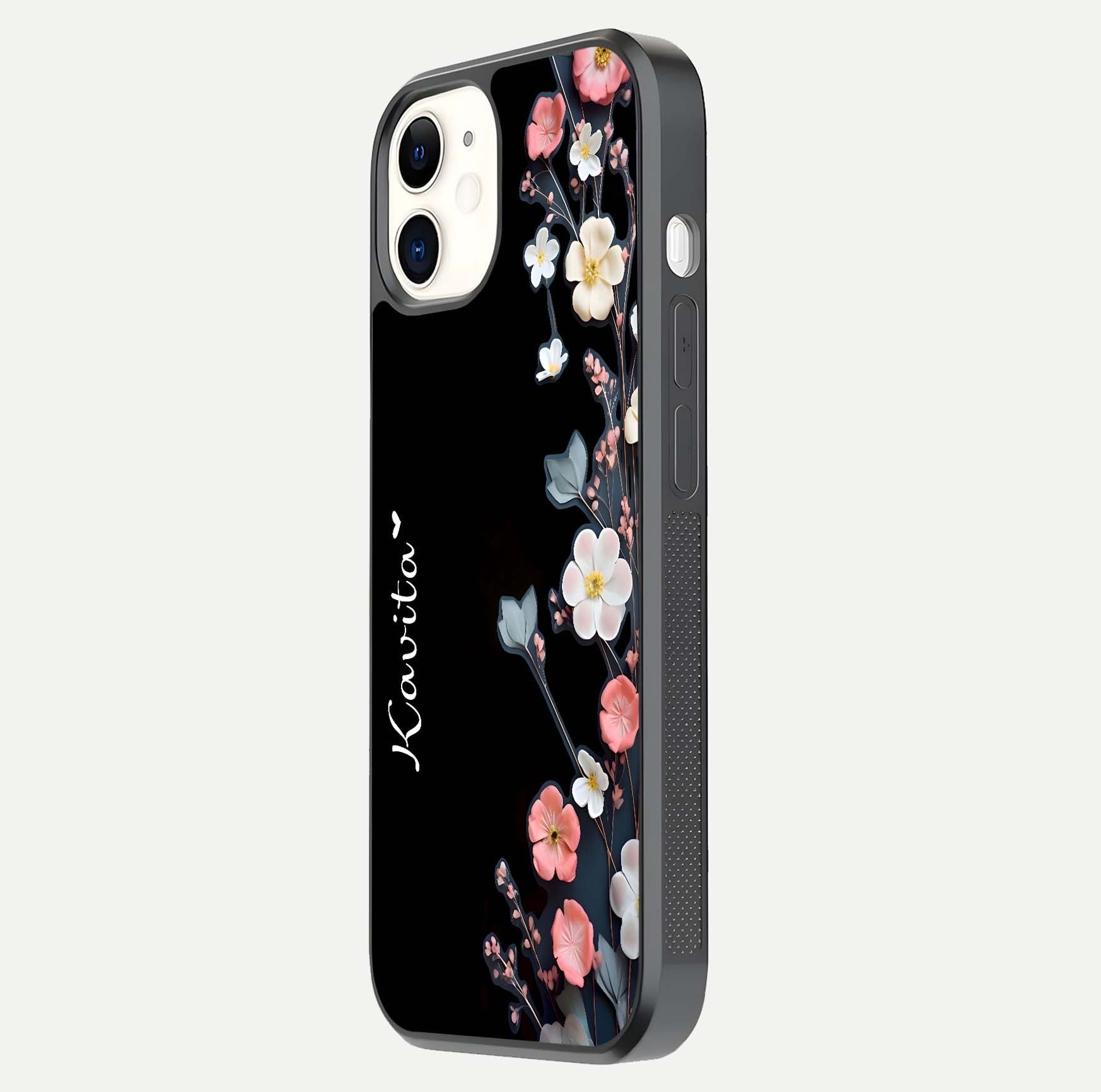Black Elegance Floral Custom Name Glass Case for iPhone 12 Mini side-angle showing black gloss depth and delicate print texture