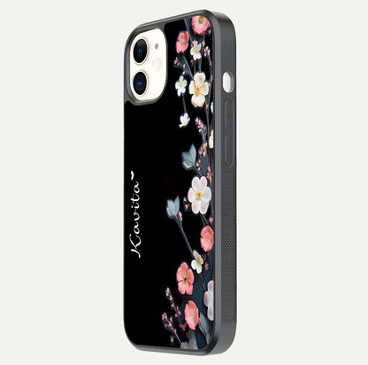 Black Elegance Floral Custom Name Glass Case for iPhone 12 Mini side-angle showing black gloss depth and delicate print texture