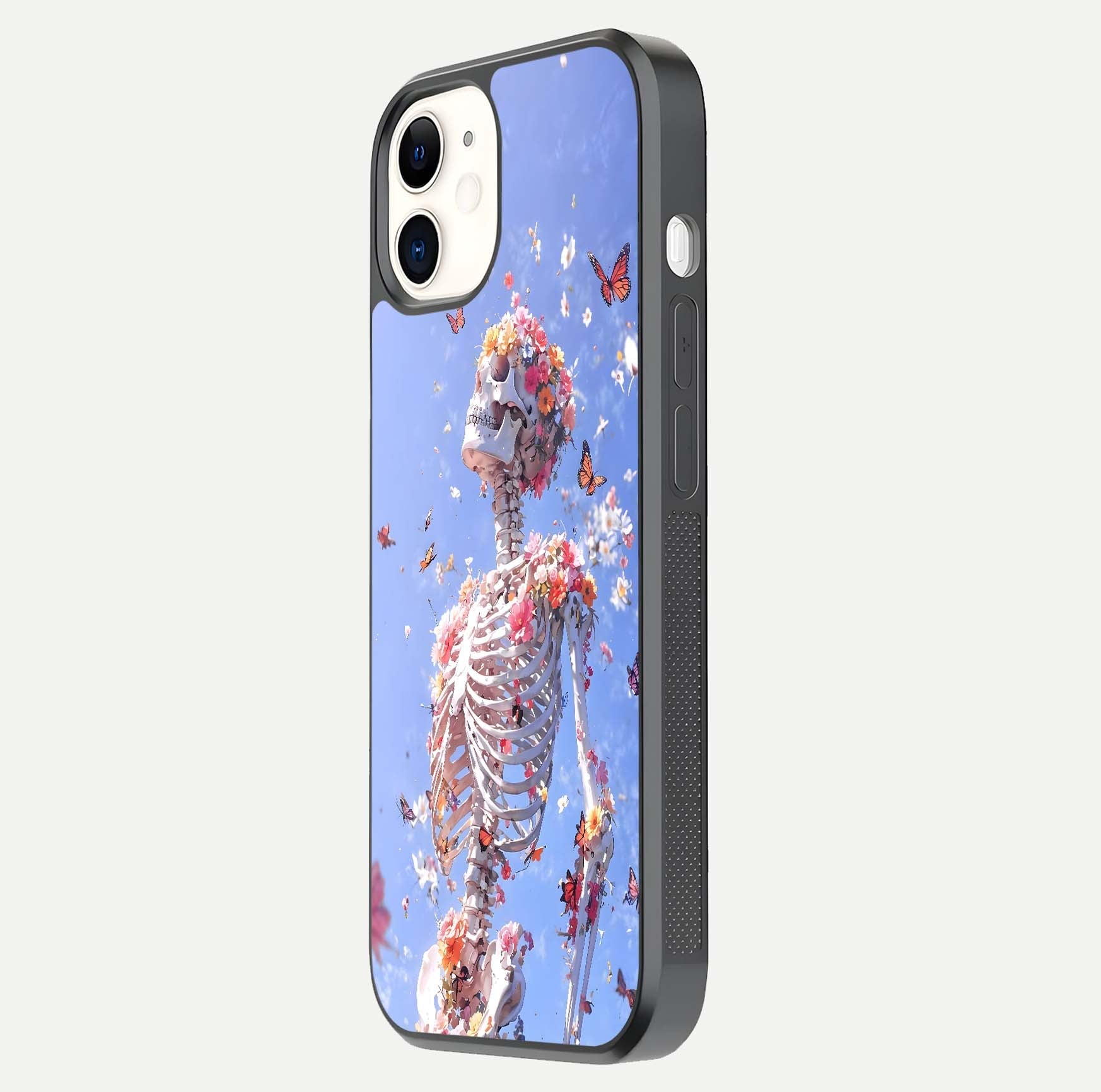 Bloom Beyond Bones Glass Case for iPhone 12 Mini side-angle image highlighting print precision and gloss finish