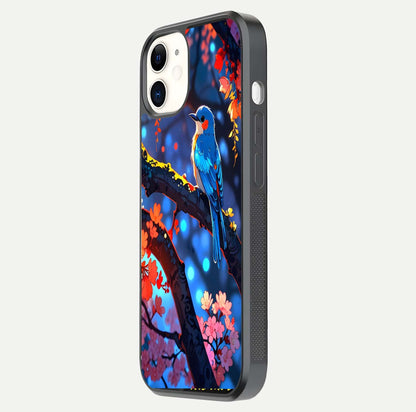 Blooming Spendor Bird Glass Case for iPhone 12 Mini side-angle photo showing floral wings and reflection finish
