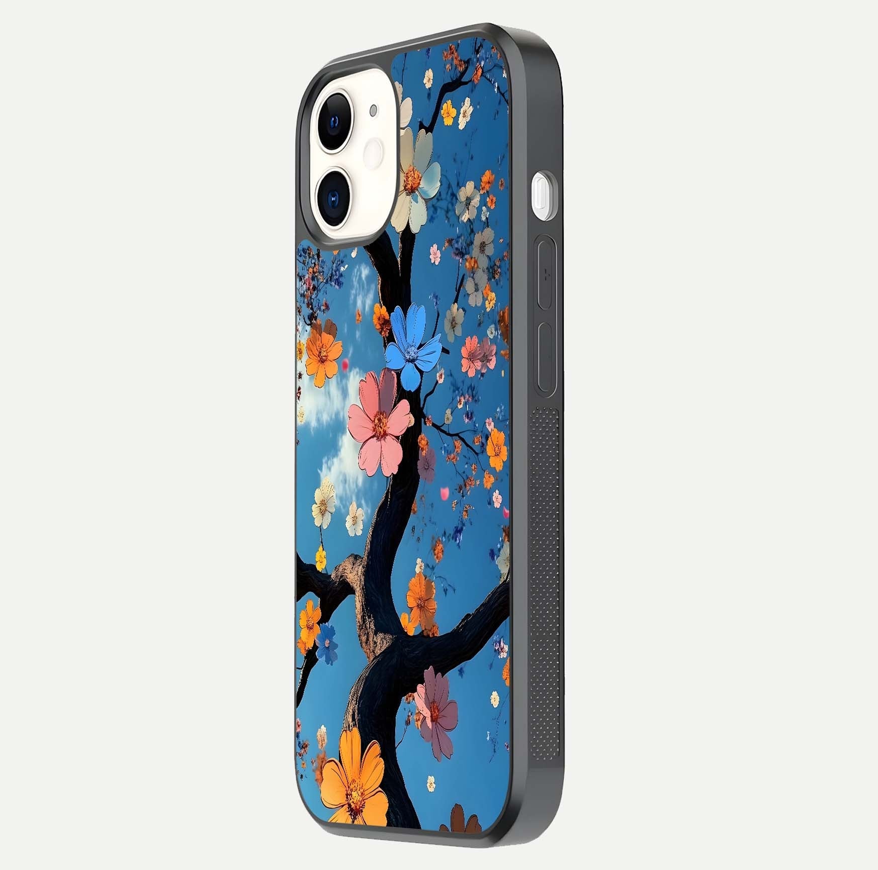 Blossom Dream Sky Glass Case for iPhone 12 Mini side-angle photo showing flower details, edge curve, and reflection shine