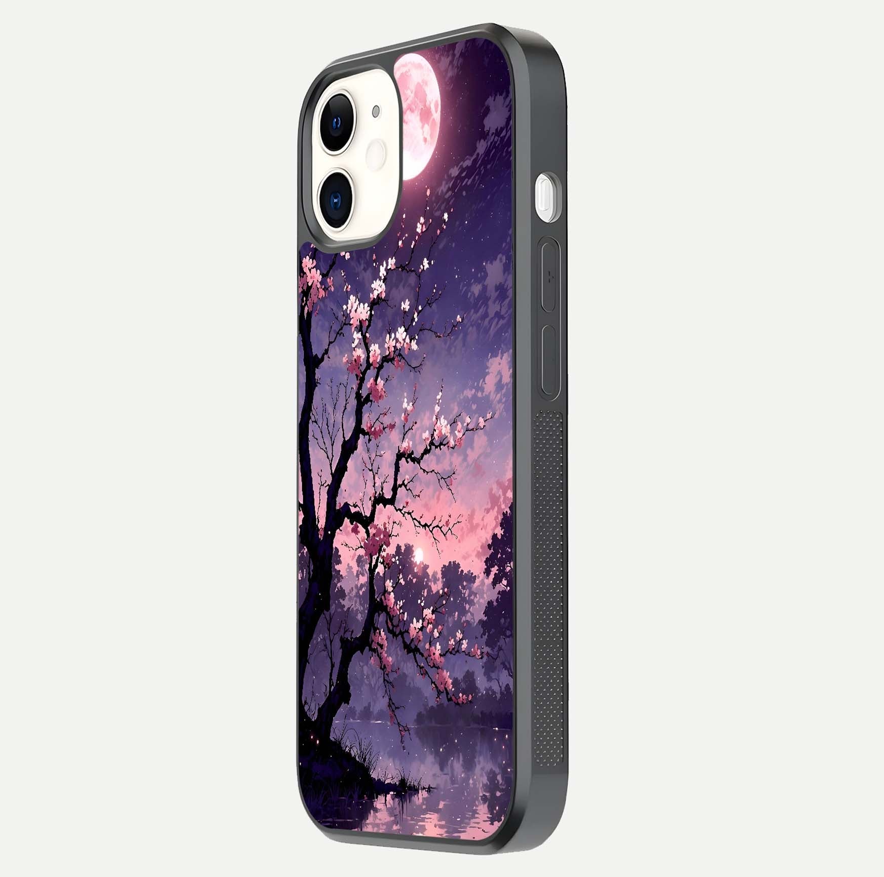 Blossom Pink Moon Glass Case for iPhone 12 Mini side-angle image showing glossy curve and floral-moon balance