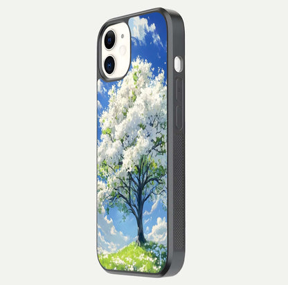 Blossom Sky Serenity Glass Case for iPhone 12 Mini side-angle image showing elegant edge flow and light reflection