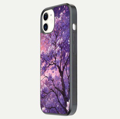 Blossom Tree Glass Case for iPhone 12 Mini side-angle image showing floral tree artwork and reflection gloss