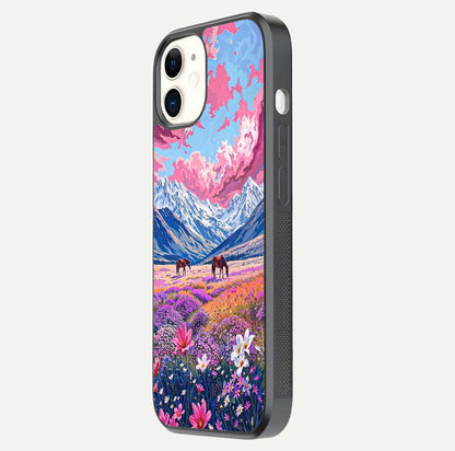 Blossom Valley Dream Glass Case for iPhone 12 Mini side-angle shot showcasing bloom tones and gloss texture