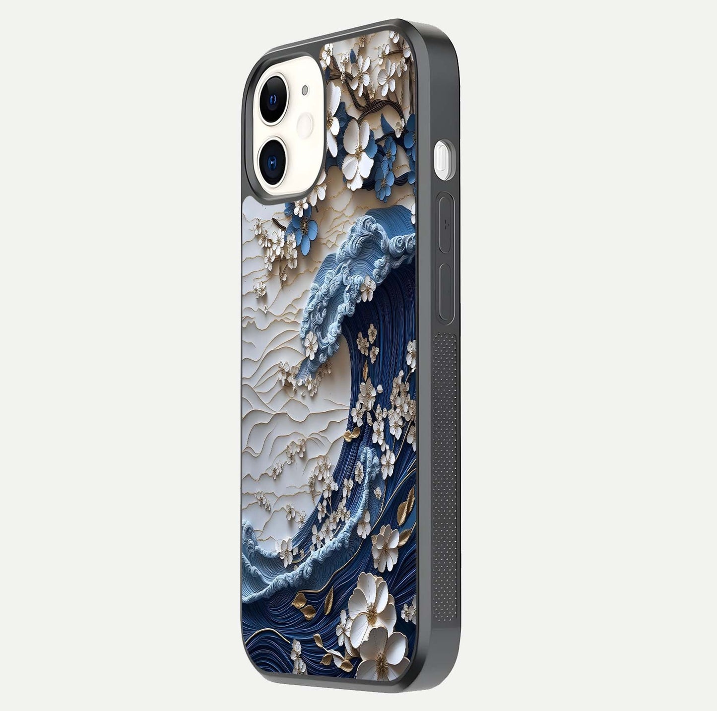 Blossom Wave Art Glass Case for iPhone 12 Mini side-angle view showing wave-flow print and gloss edge finish