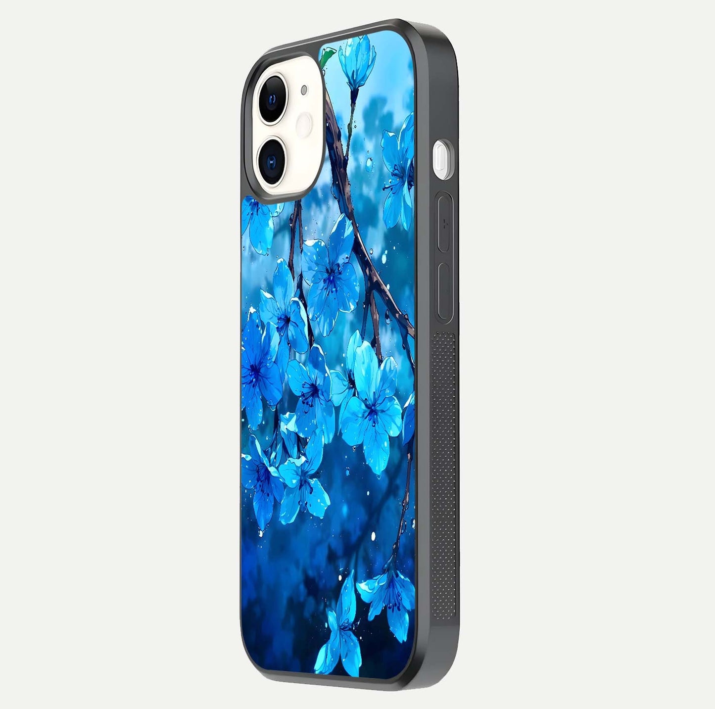 Blue Blossoms Branch Glass Case for iPhone 12 Mini side-angle image showing blossom pattern flow and glossy texture