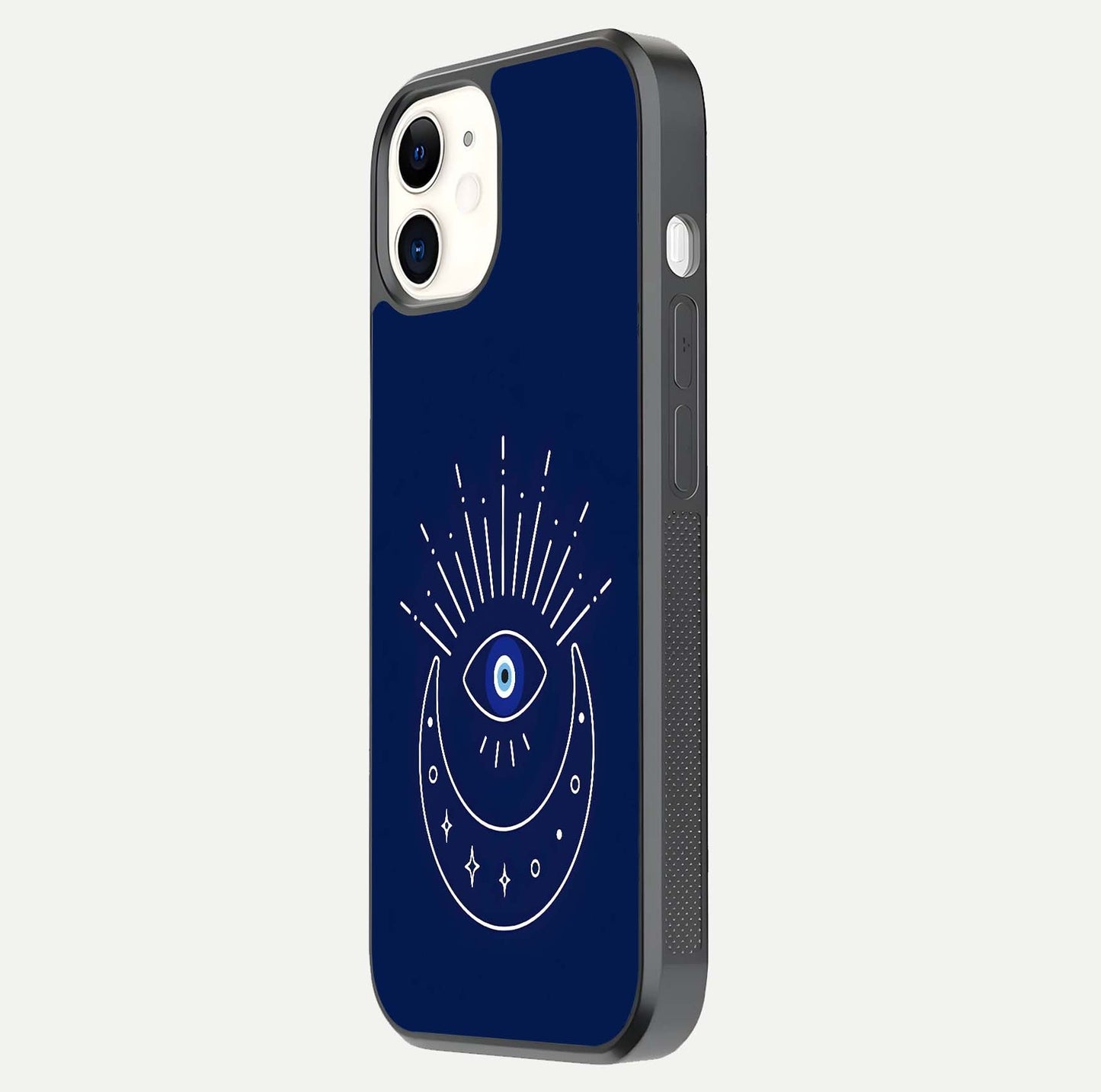 Blue Evil Eye Glass Case for iPhone 12 Mini side-angle view showing edge glow, color balance, and reflective surface