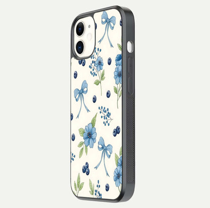 Blue Flower & Bow Glass Case for iPhone 12 Mini side-angle image showing bow-floral mix and HD finish shine