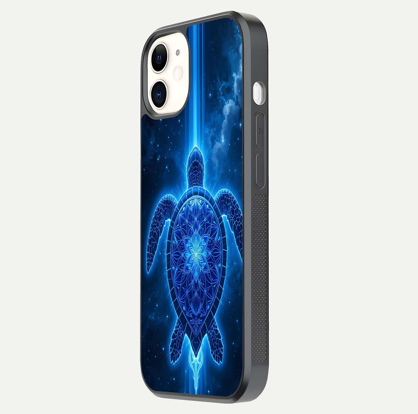 Blue Galaxy Turtle Glass Case for iPhone 12 Mini side-angle photo capturing galaxy shine and smooth edge design