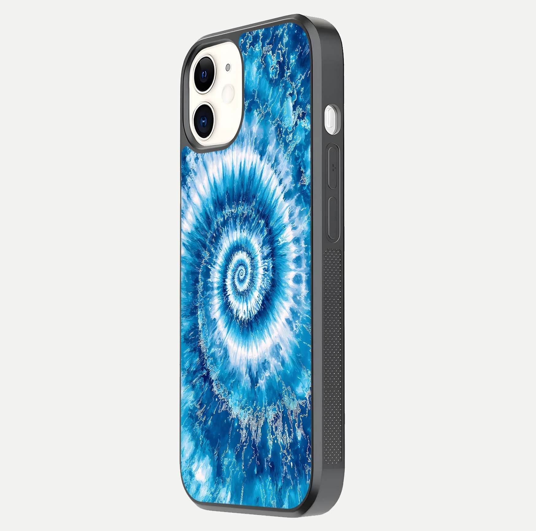 Blue Galaxy Wave Glass Case for iPhone 12 Mini side-angle image showing wave ripple art and glass gloss