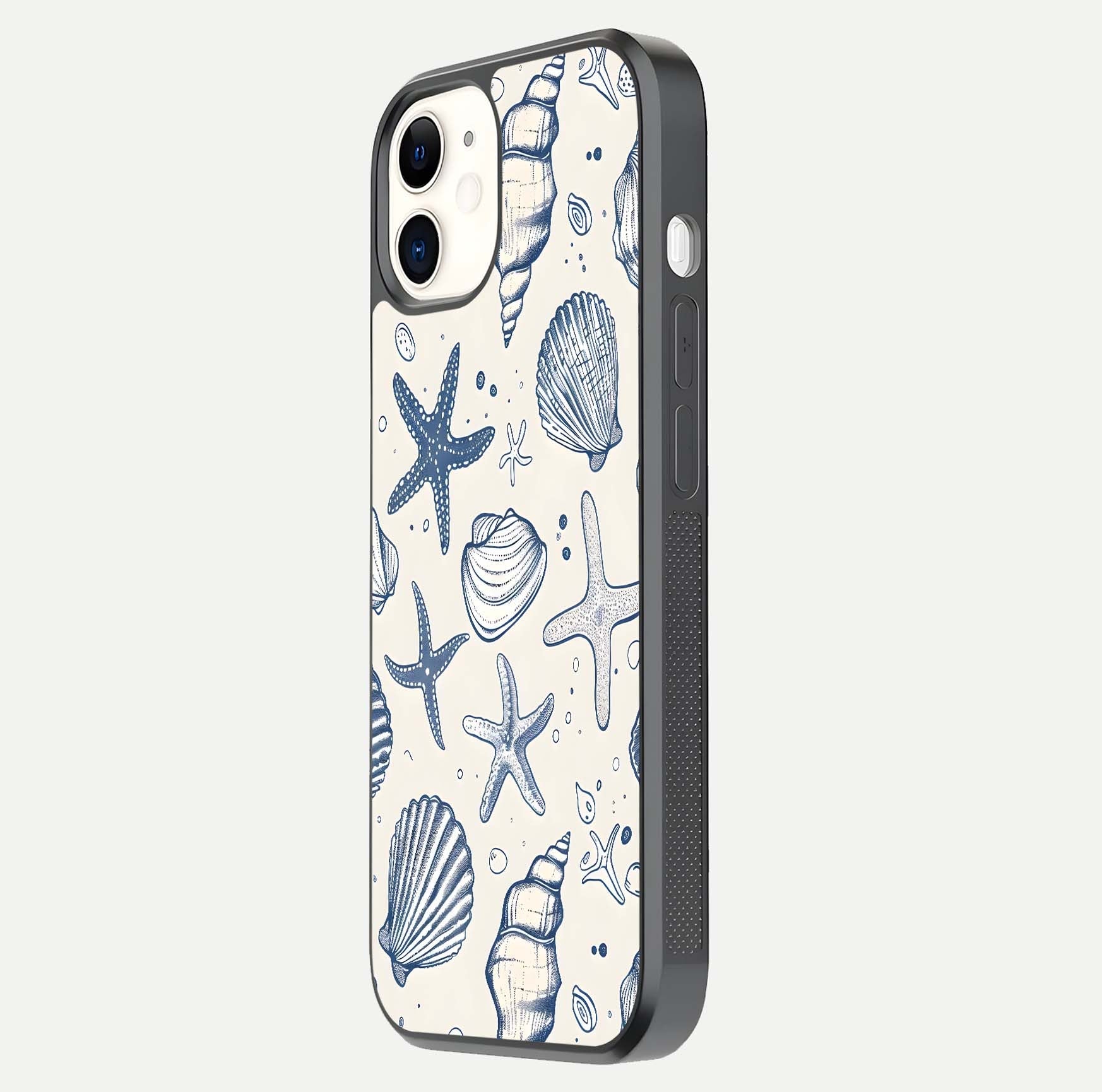 Blue Ocean Outline Glass Case for iPhone 12 Mini side-angle view showing clear edge lines and oceanic blue glow
