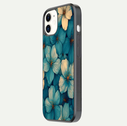Blue Shade Floral Glass Case for iPhone 12 Mini side-angle photo showing detailed floral hues and curved glass shine