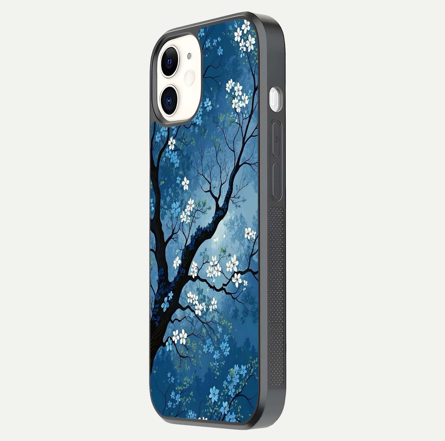 Blue Tree Serenity Glass Case for iPhone 12 Mini side-angle shot showing glossy edge and tree pattern reflection