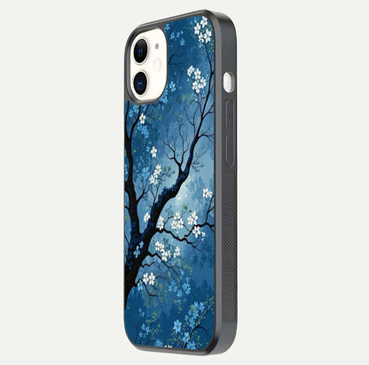 Blue Tree Serenity Glass Case for iPhone 12 Mini side-angle shot showing glossy edge and tree pattern reflection