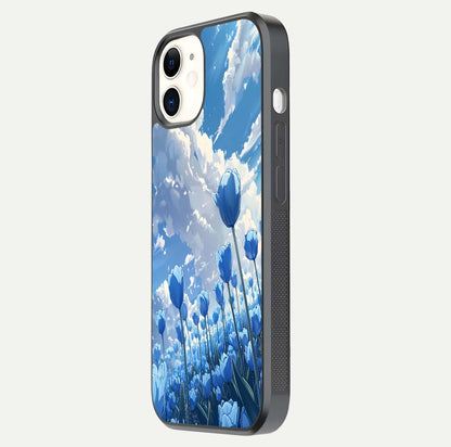 Blue Tulip Clouds Glass Case for iPhone 12 Mini side-angle image showing edge curve and flower reflection glow