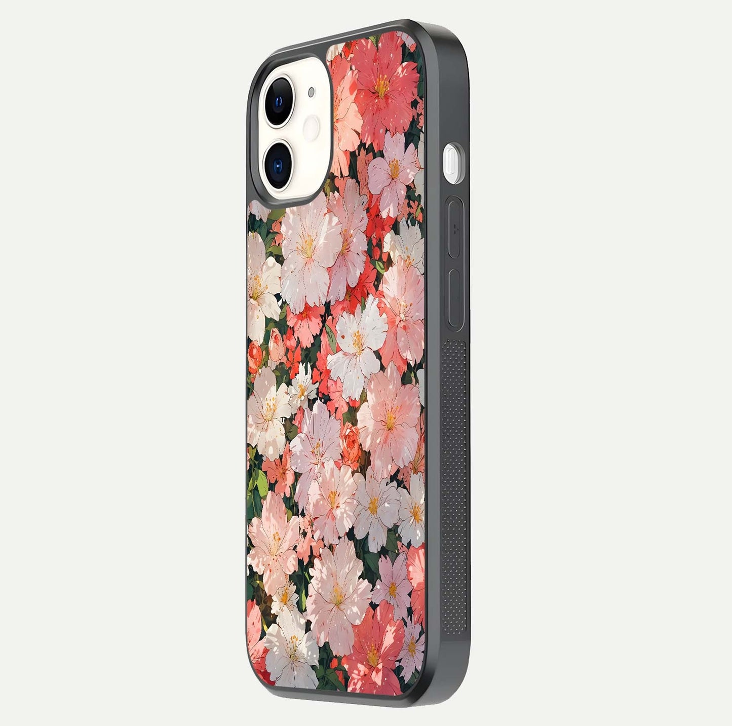 Blush Bloom Field Glass Case for iPhone 12 Mini side-angle image showing petal pattern gloss and smooth edges