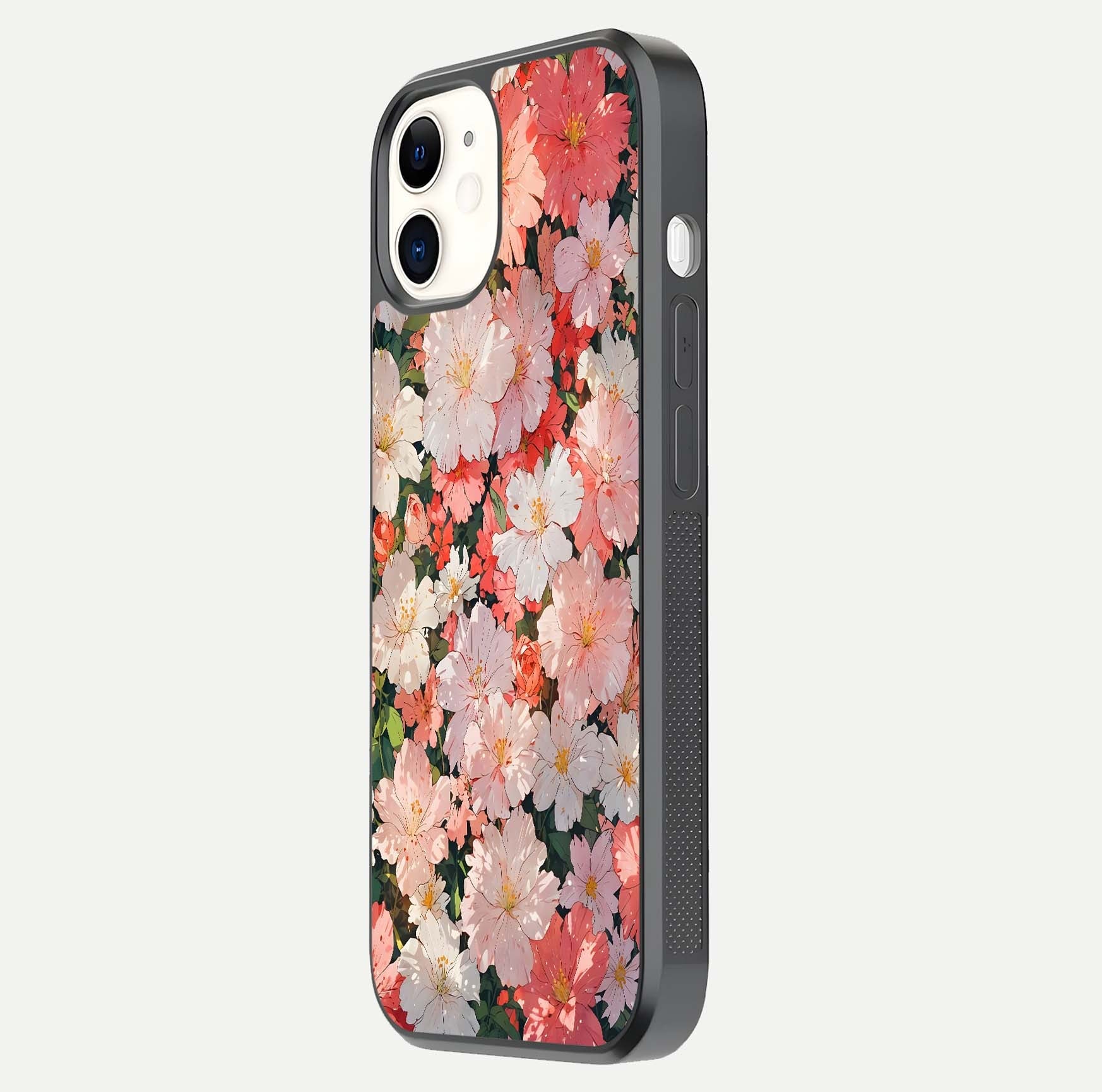 Blush Bloom Field Glass Case for iPhone 12 Mini side-angle image showing petal pattern gloss and smooth edges
