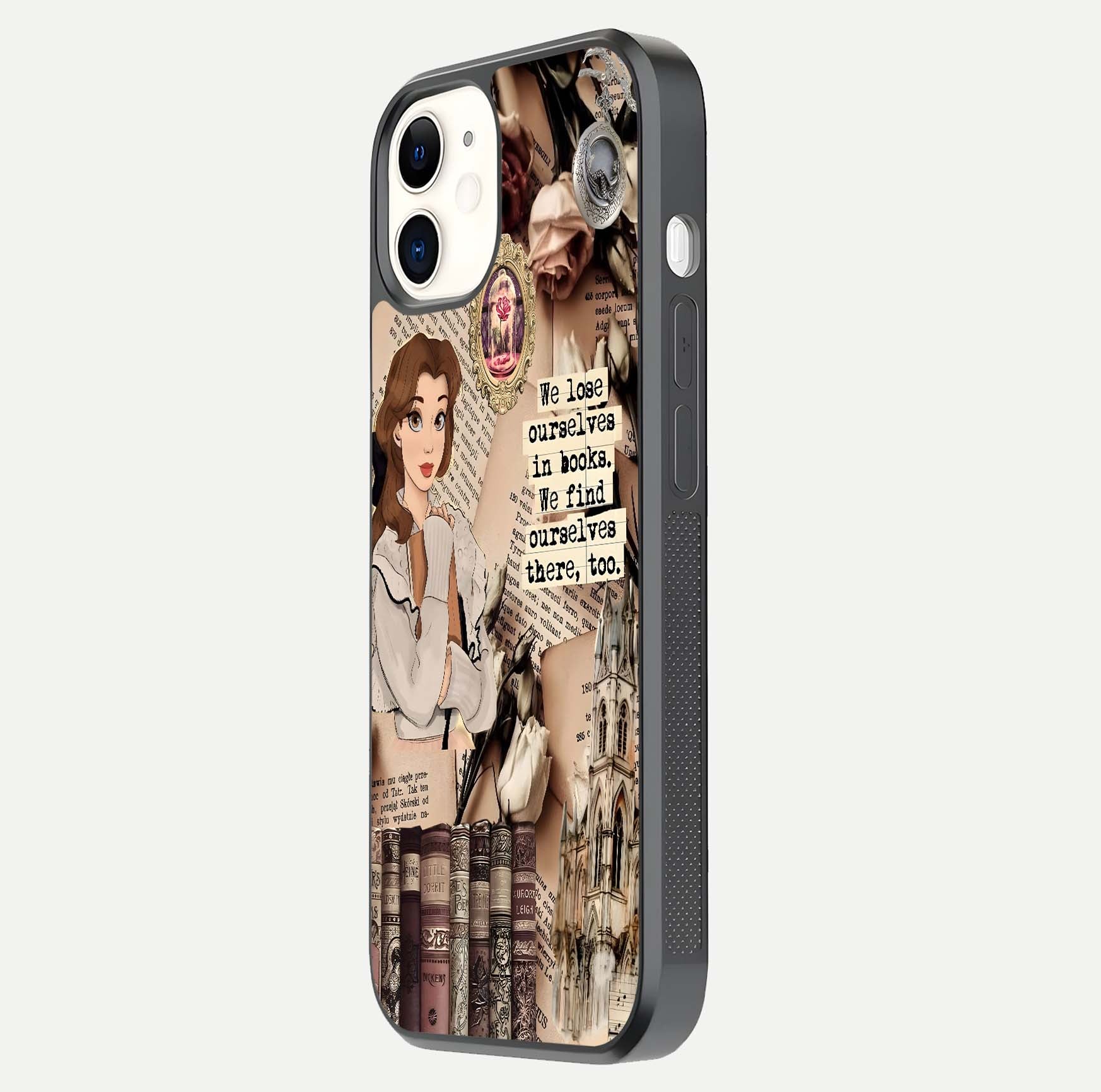 Bookish Dream World Glass Case for iPhone 12 Mini side-angle image showing detail depth and smooth corner polish