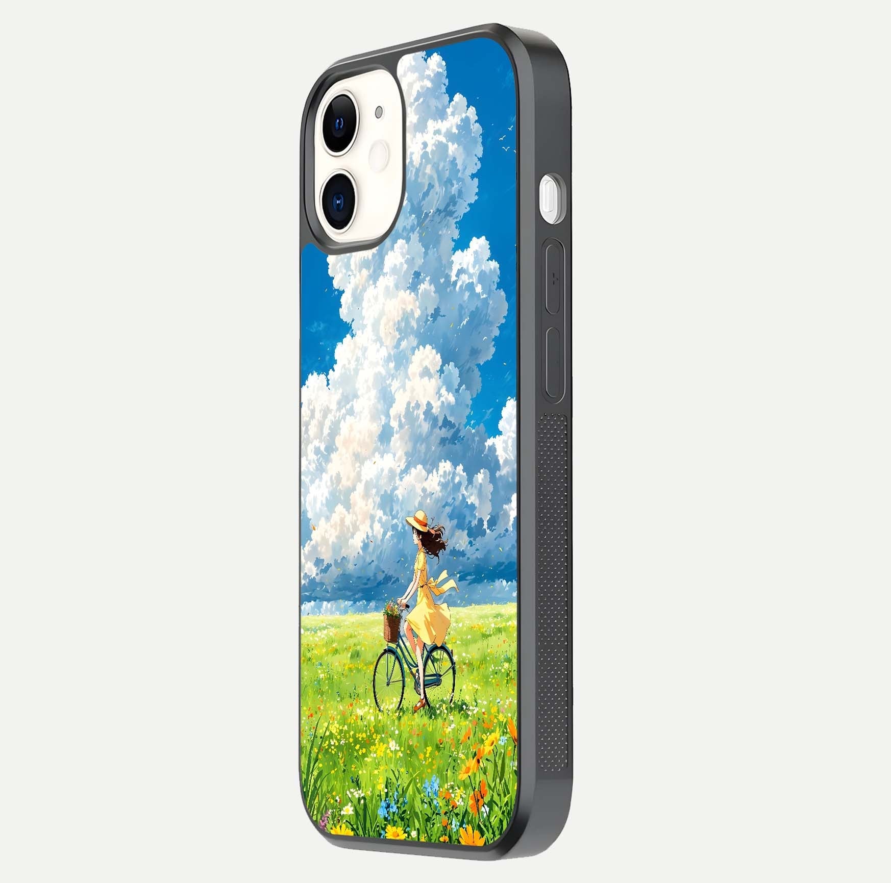 Breezy Meadow Ride Glass Case for iPhone 12 Mini side-angle image showing floral details and edge glow