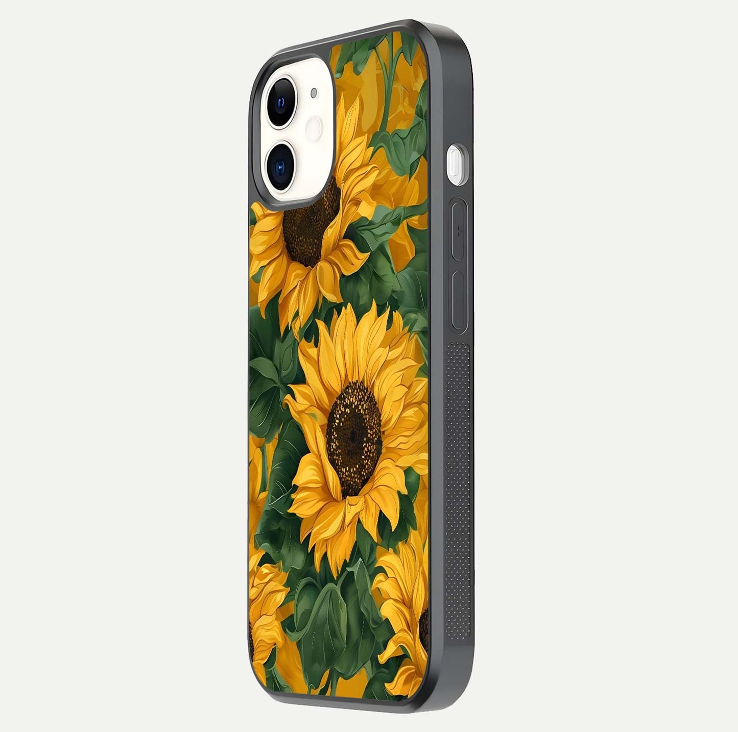 Bright Sunflower Bloom Glass Case for iPhone 12 Mini side-angle image showing shine texture and detailed bloom