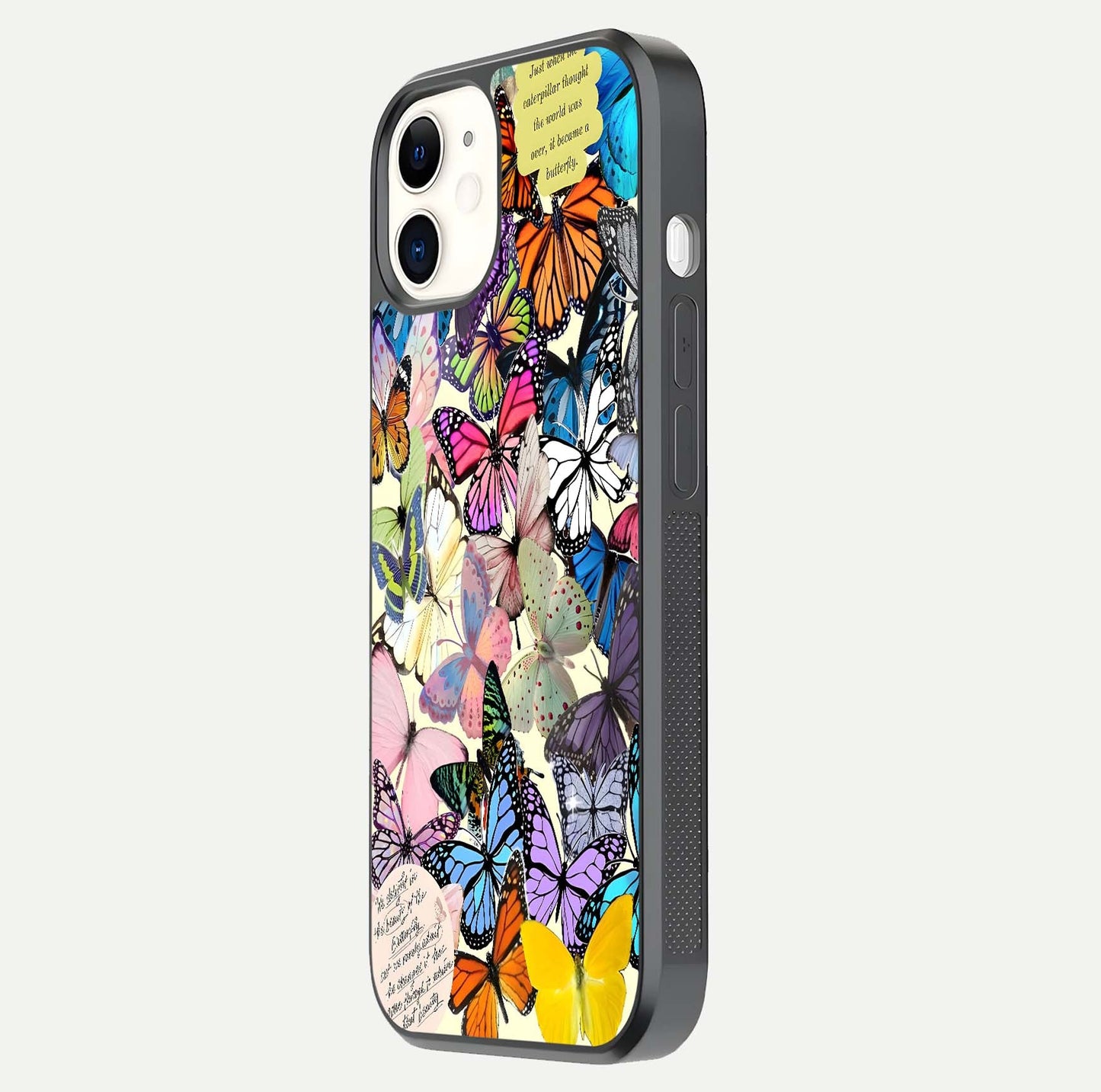 Butterflies Petal Dream Glass Case for iPhone 12 Mini side-angle shot showing butterfly motion and curved edges