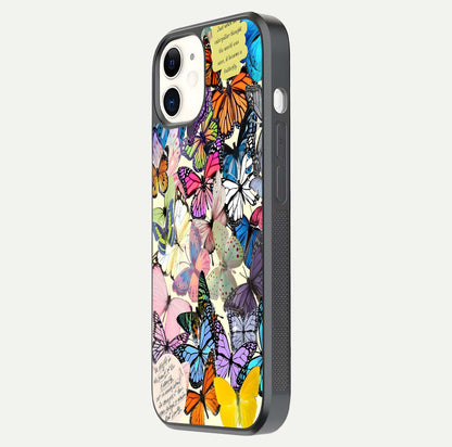 Butterflies Petal Dream Glass Case for iPhone 12 Mini side-angle shot showing butterfly motion and curved edges