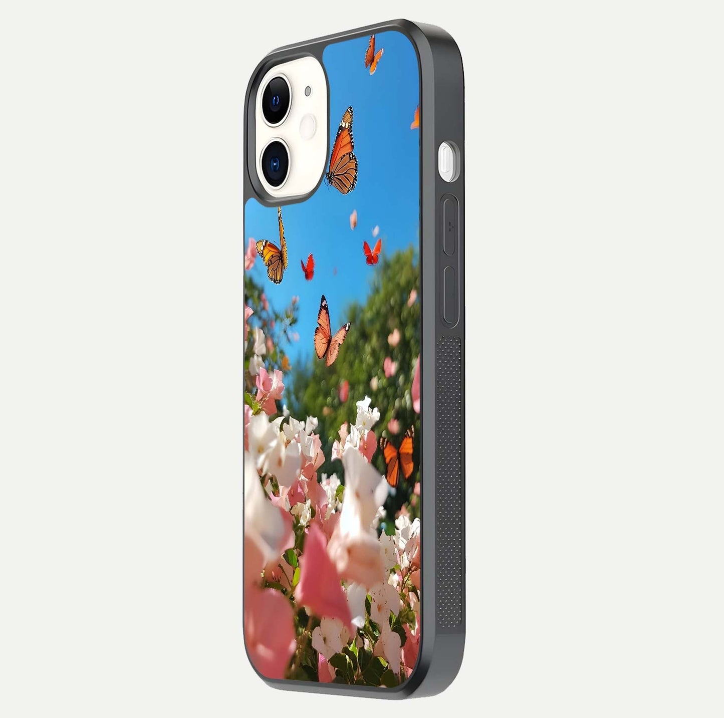 Butterflies in Bloom Sky Glass Case for iPhone 12 Mini side-angle image showing delicate details and gloss polish