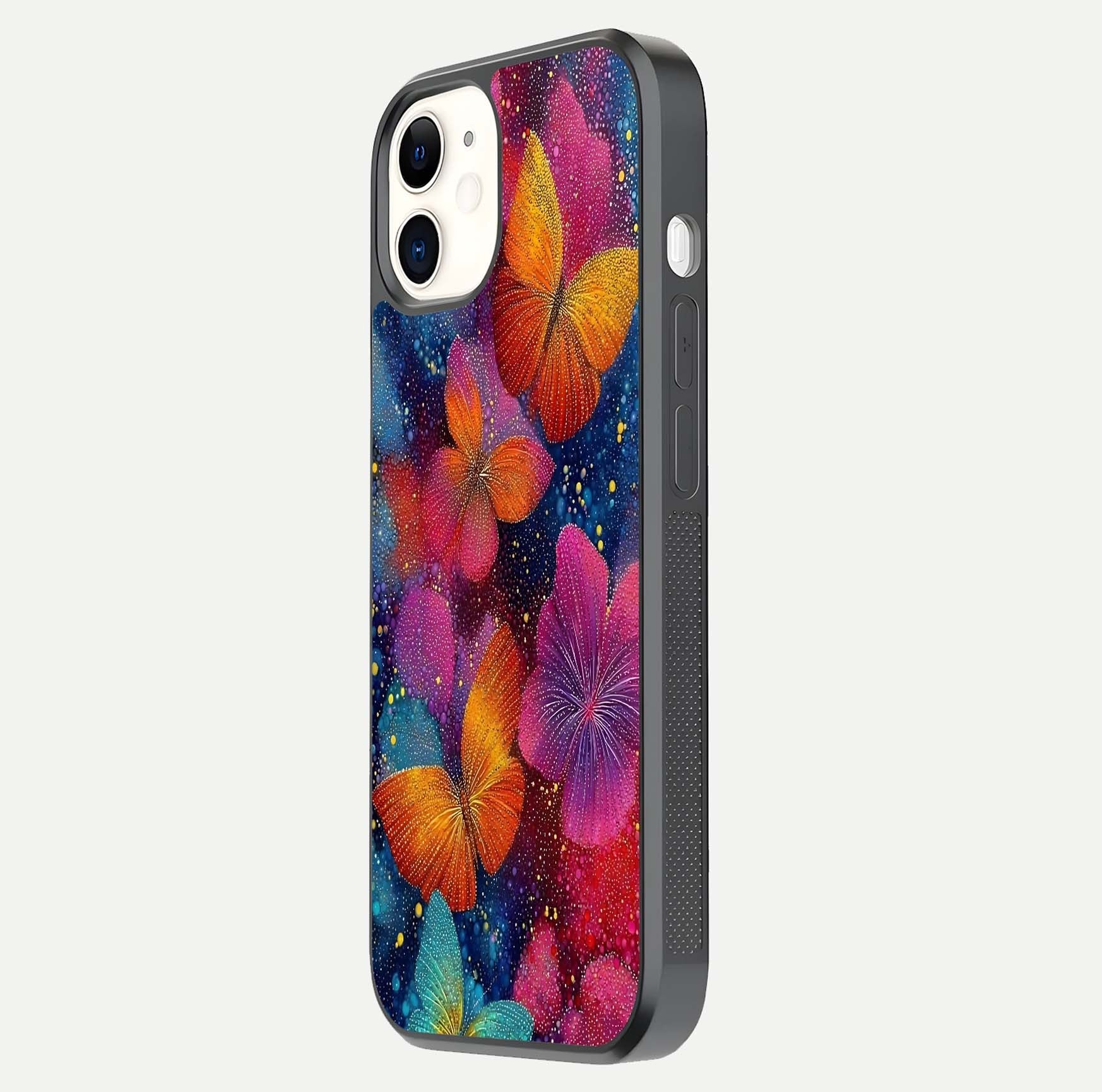 Butterfly Dream Mist Glass Case for iPhone 12 Mini side-angle image showing soft gradient and reflective glow