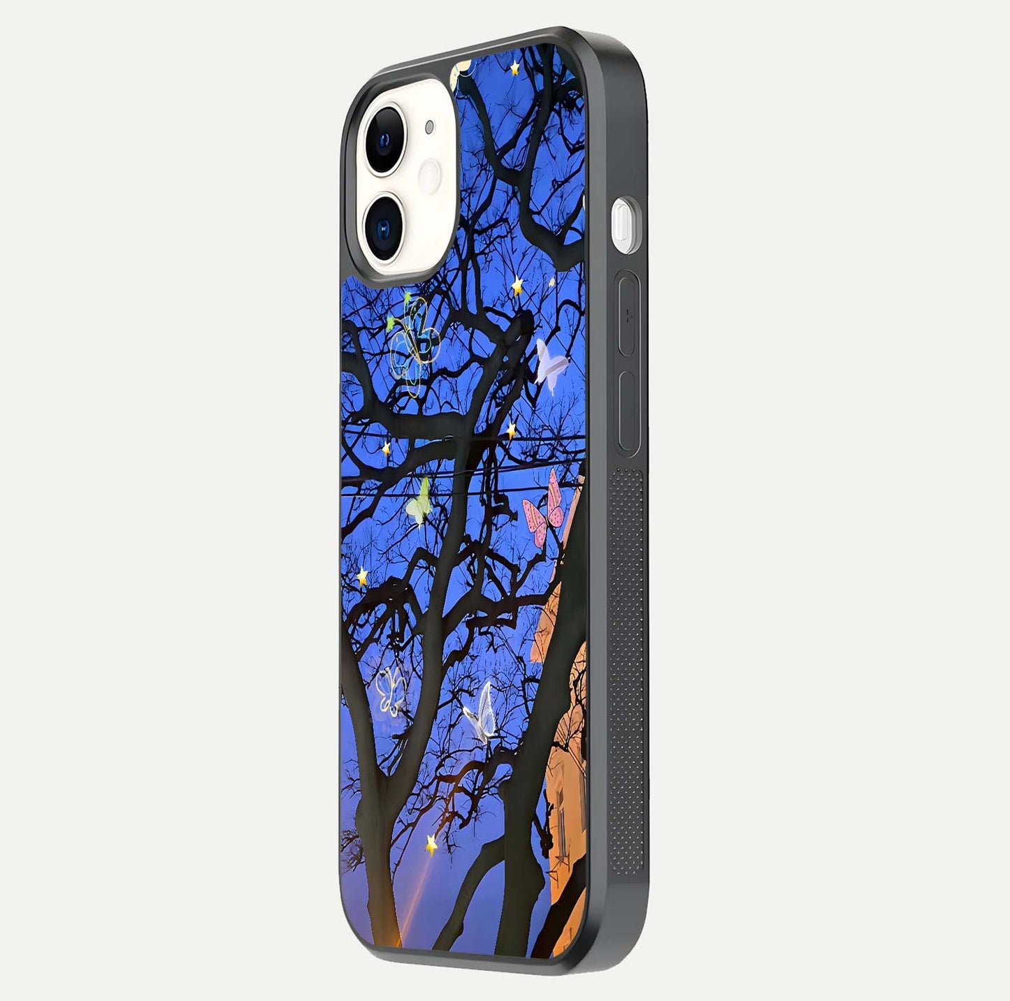 Butterfly Night Magic Glass Case for iPhone 12 Mini side-angle view capturing butterfly contrast and glossy depth