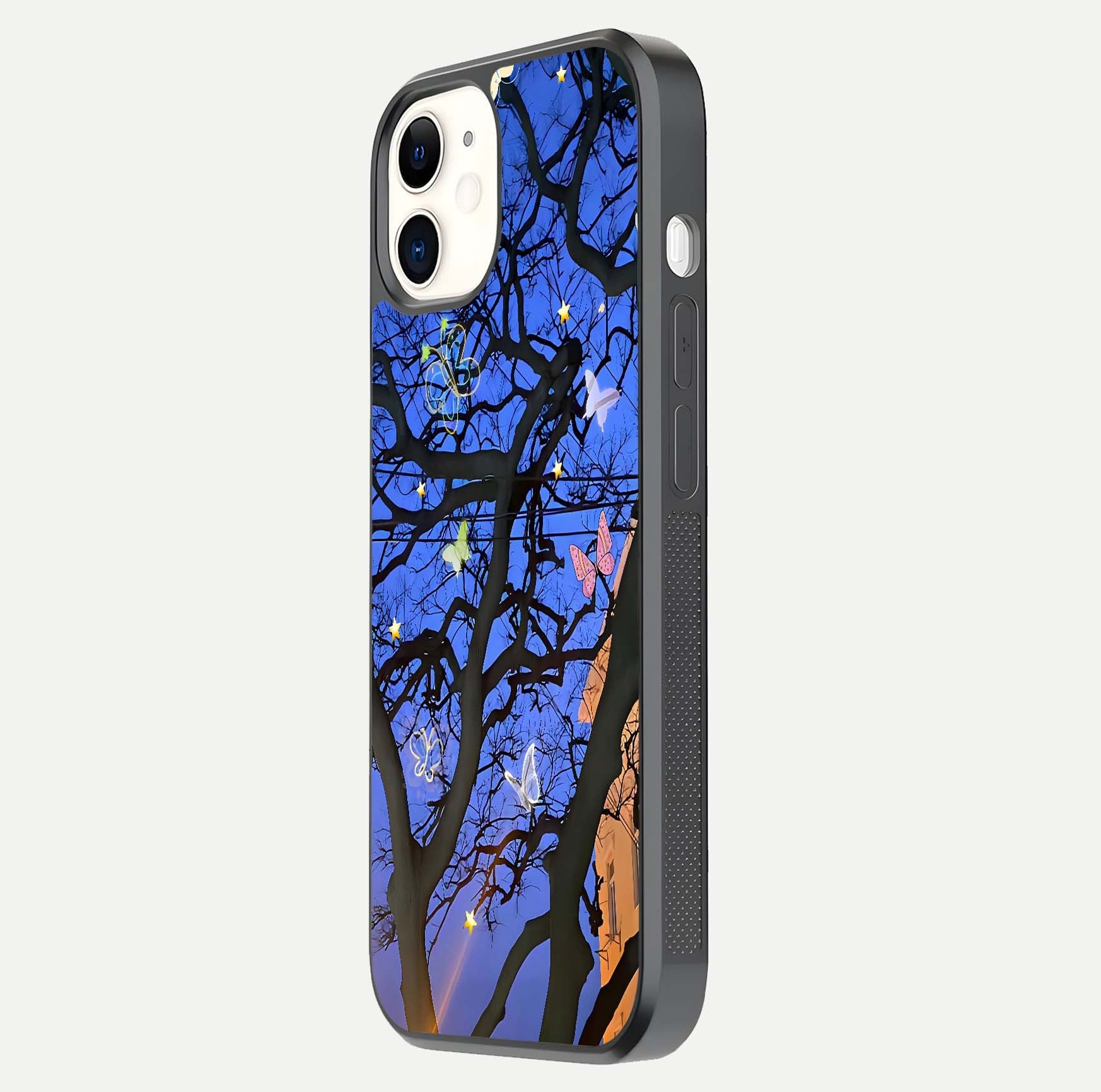 Butterfly Night Magic Glass Case for iPhone 12 Mini side-angle view capturing butterfly contrast and glossy depth