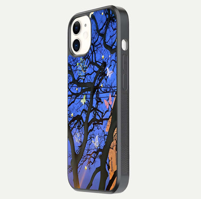 Butterfly Night Magic Glass Case for iPhone 12 Mini side-angle view capturing butterfly contrast and glossy depth