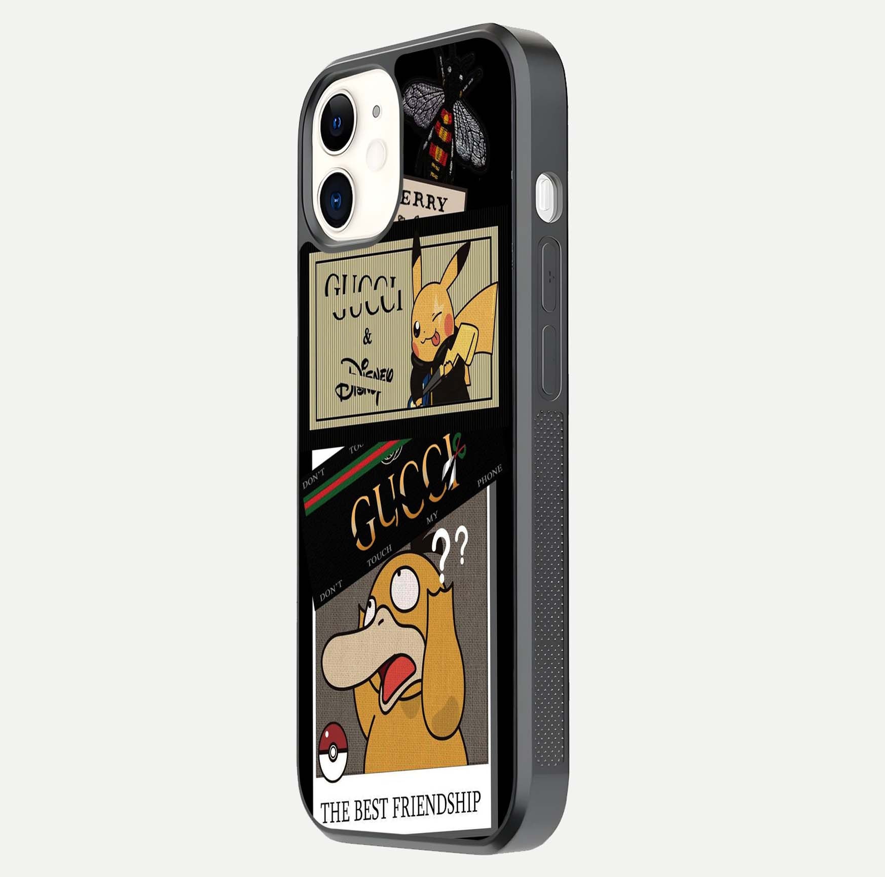 Cartoon Brand Play Mashup Glass Case for iPhone 12 Mini side-angle image showing reflection brightness and fun graphic mix
