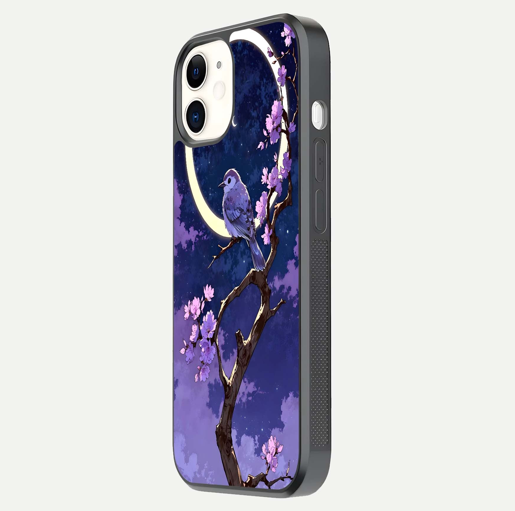 Celestial Bird Blossom Glass Case for iPhone 12 Mini side-angle image showing detailed wings and glossy polish