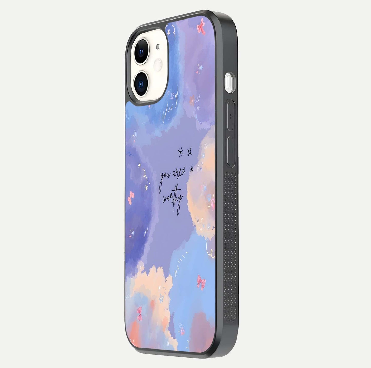 Celestial Cloud Magic Glass Case for iPhone 12 Mini side-angle photo showing edge reflection and dreamy texture