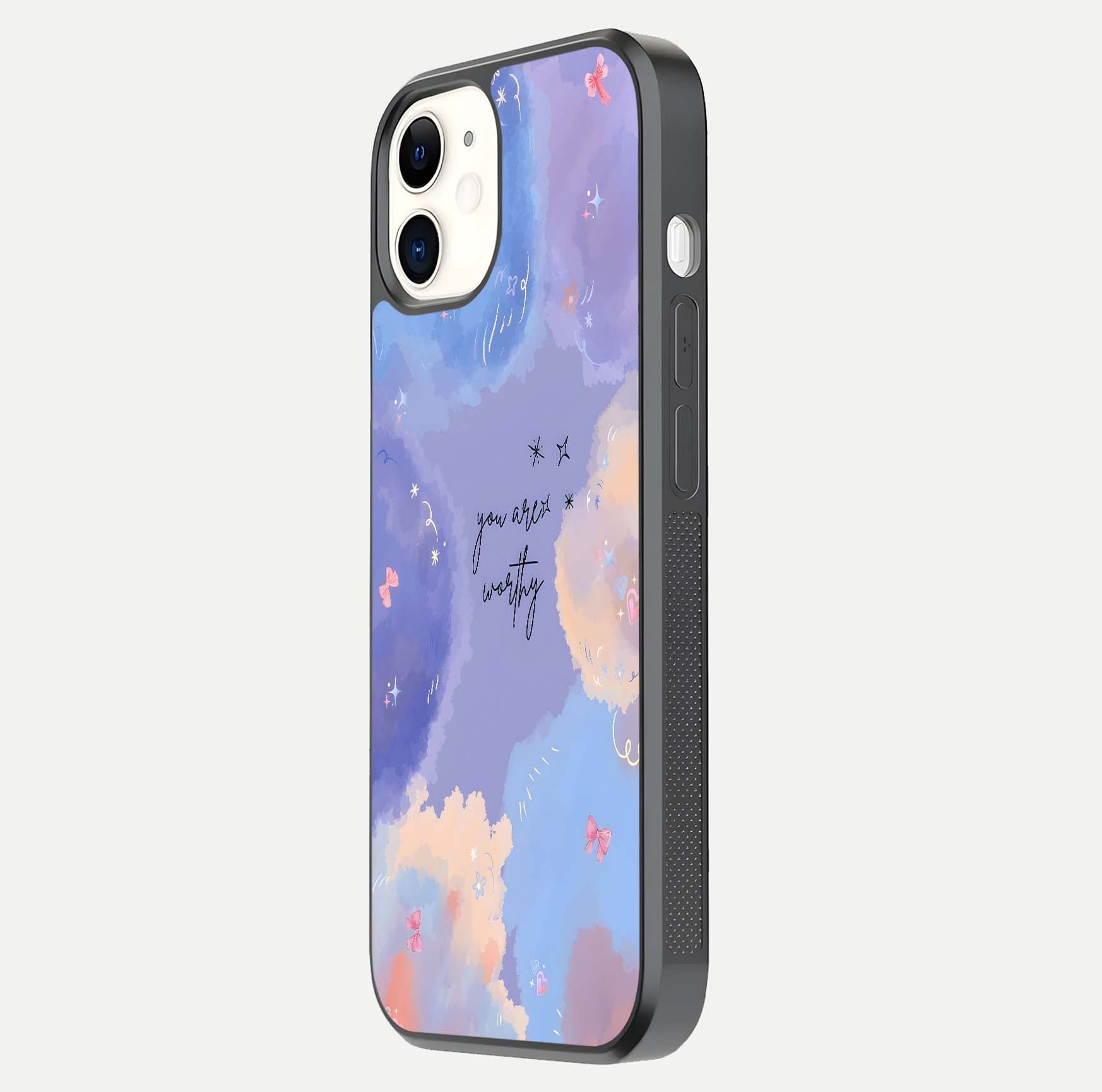 Celestial Cloud Magic Glass Case for iPhone 12 Mini side-angle photo showing edge reflection and dreamy texture