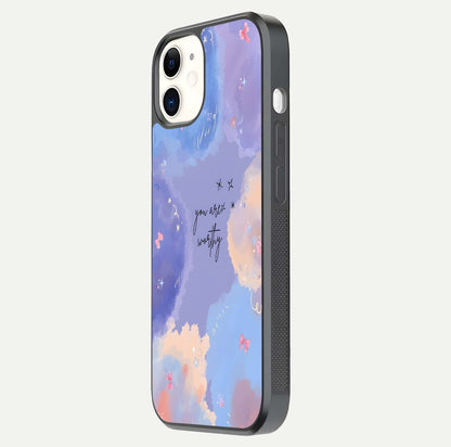 Celestial Cloud Magic Glass Case for iPhone 12 Mini side-angle photo showing edge reflection and dreamy texture