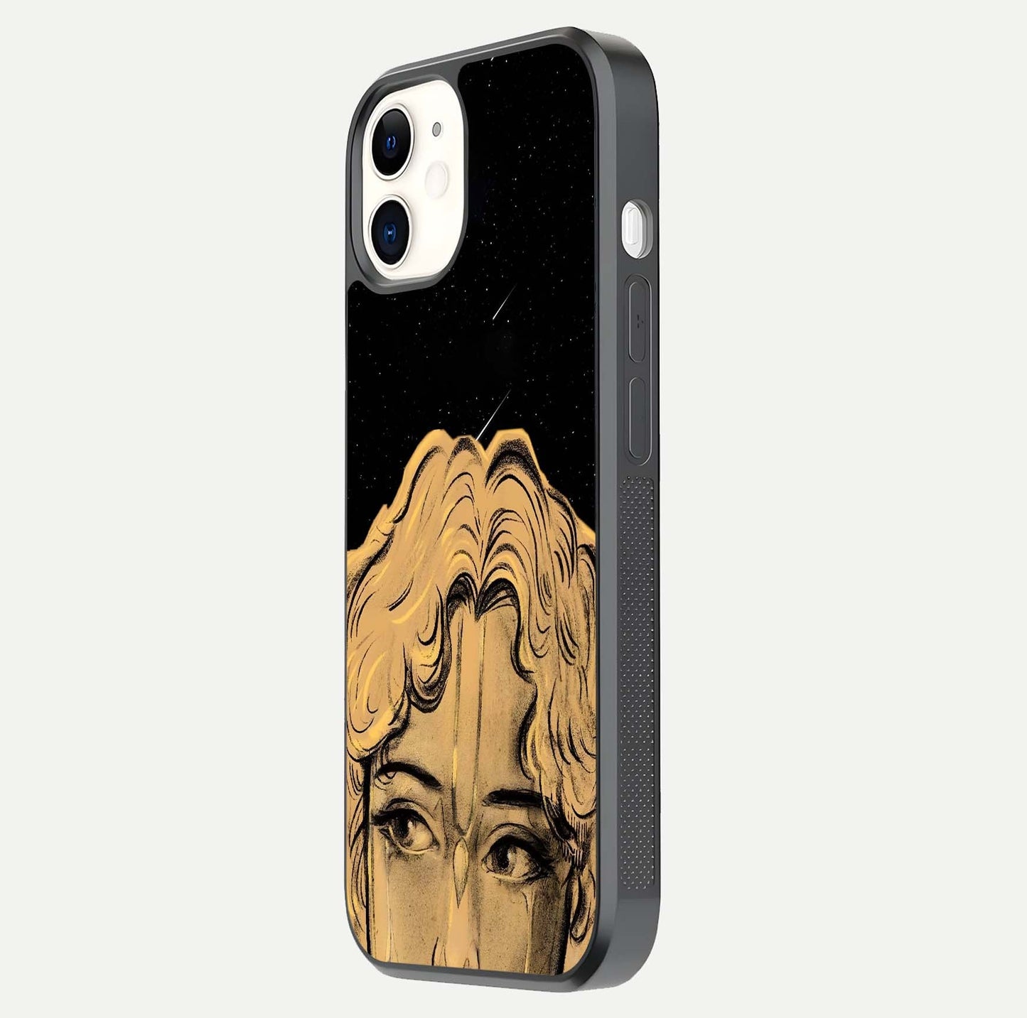 Celestial God’s Plan Glass Case for iPhone 12 Mini side-angle image showing gloss, camera frame, and cosmic tones