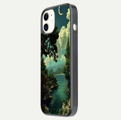 Celestial Lake Peace Glass Case for iPhone 12 Mini side-angle image displaying reflective glow and gentle edges