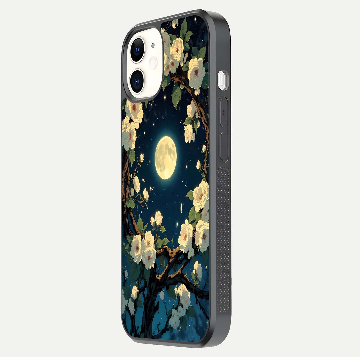Celestial Moon & Flower Glass Case for iPhone 12 Mini side-angle image showing edge smoothness and glow reflection