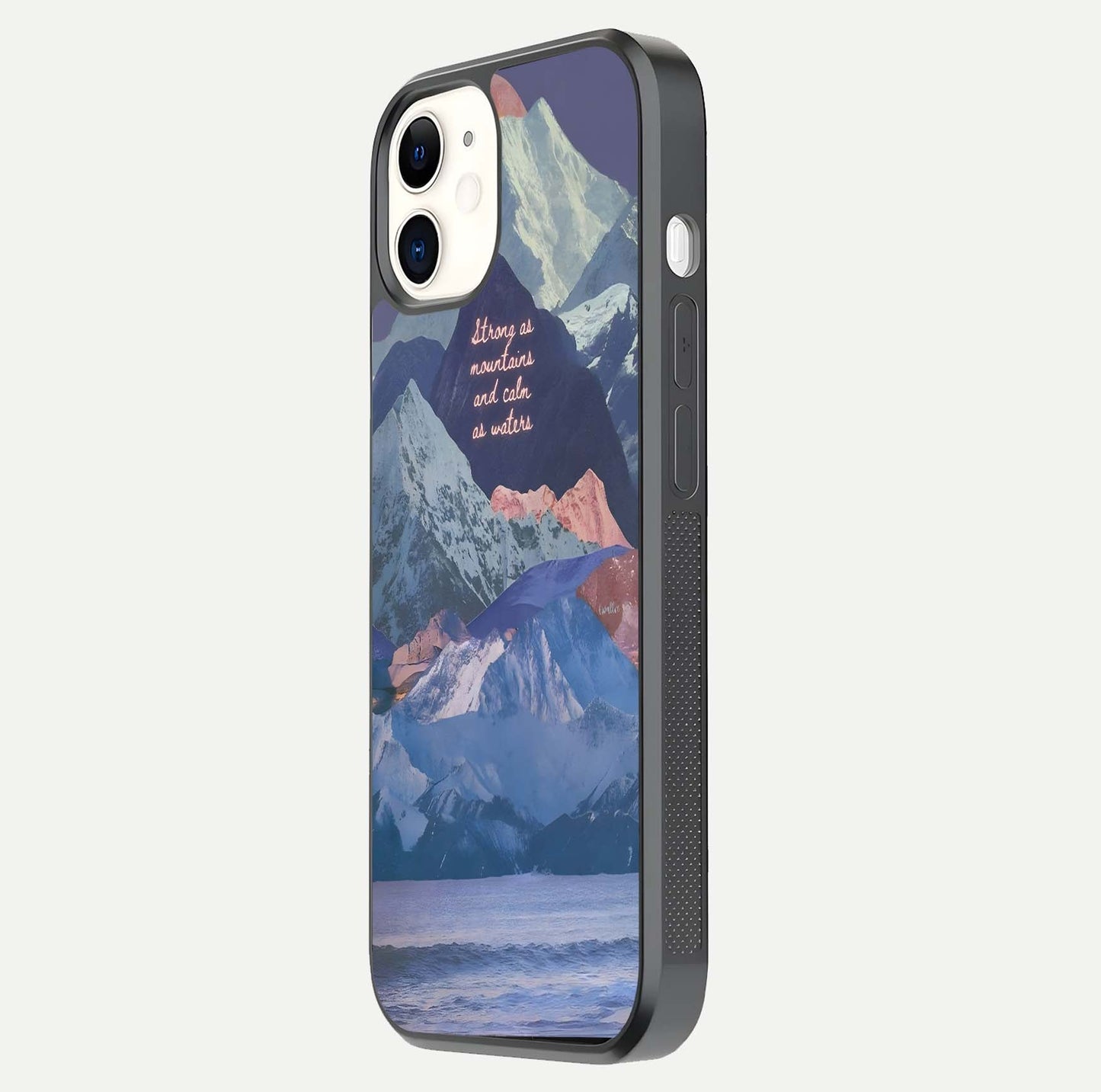 Celestial Mountain Calm Glass Case for iPhone 12 Mini side-angle image capturing mountain detail and shine gradient